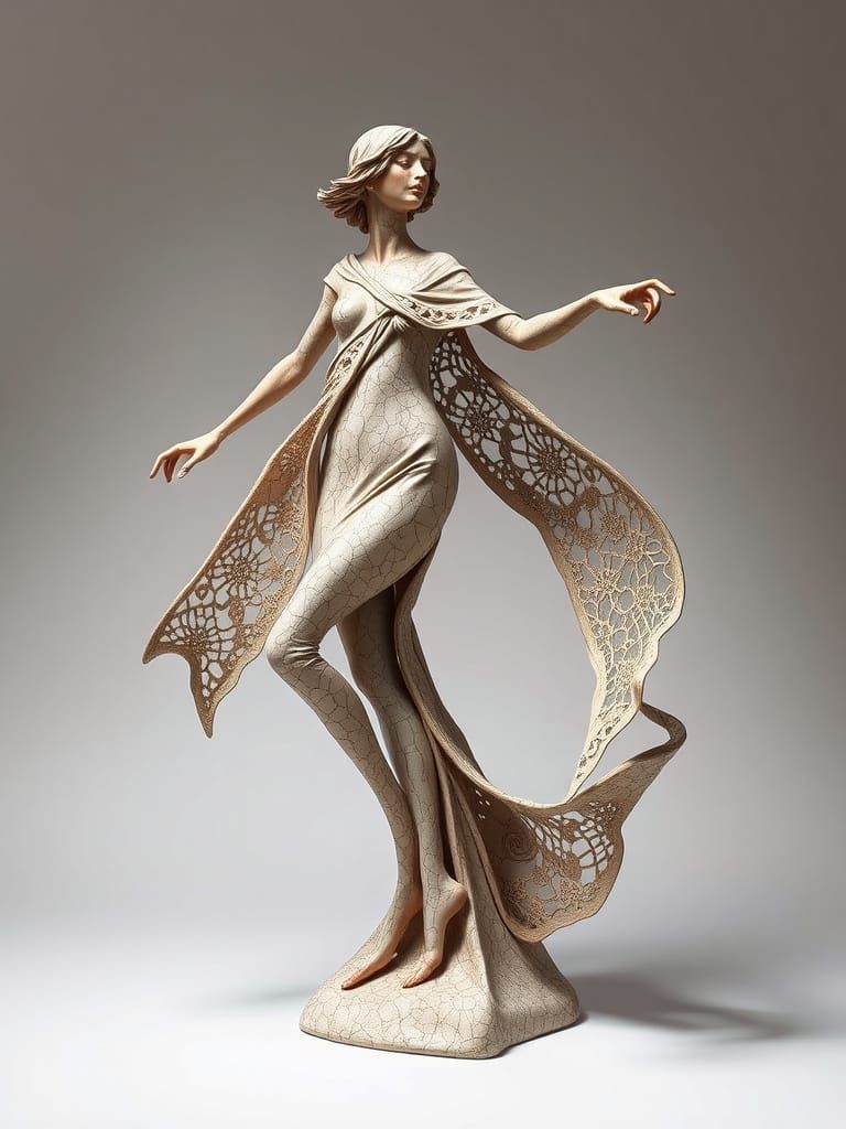 Art Nouveau Sculpture with Cracked Ceramic Texture