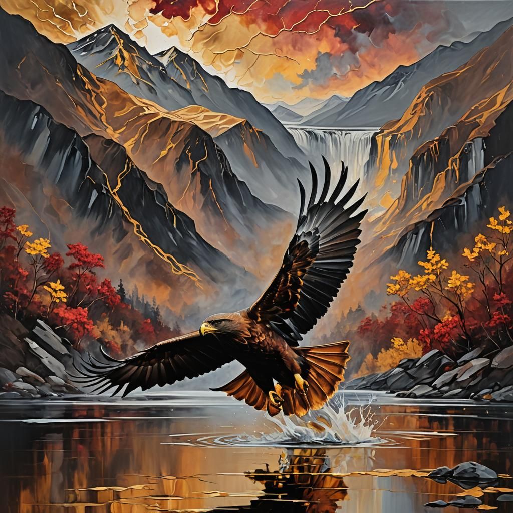 Expressionist Harris Hawk Soaring Above Mountains