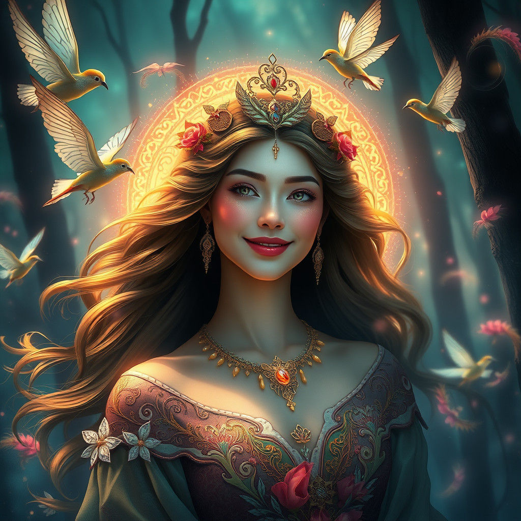 Ethereal Woman in Enchanted Forest, Art Nouveau Style