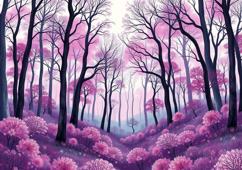 Monochrome Forest Scene with Watercolor Accents