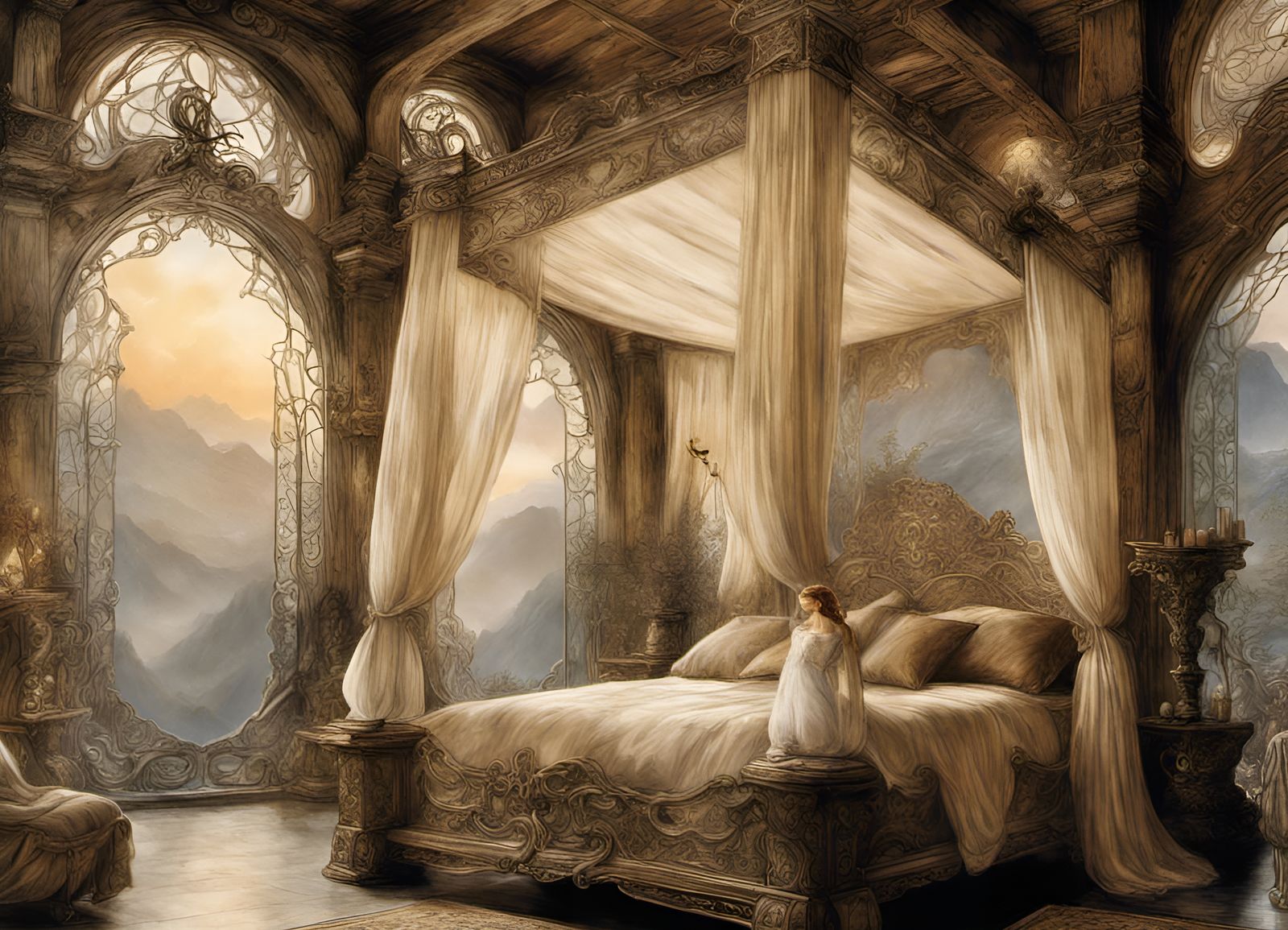 Fantasy Bedroom with Mountain View, Fairytale Art