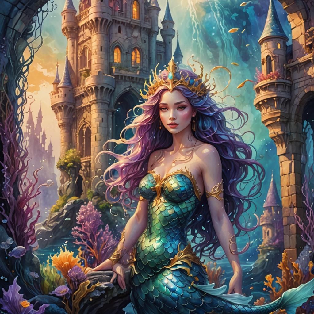 Majestic Mermaid Goddess in Watercolor Style