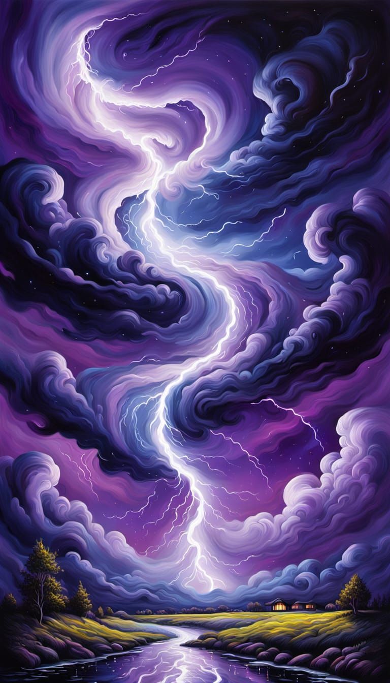 Surreal Purple Twister with Stars and Lightning