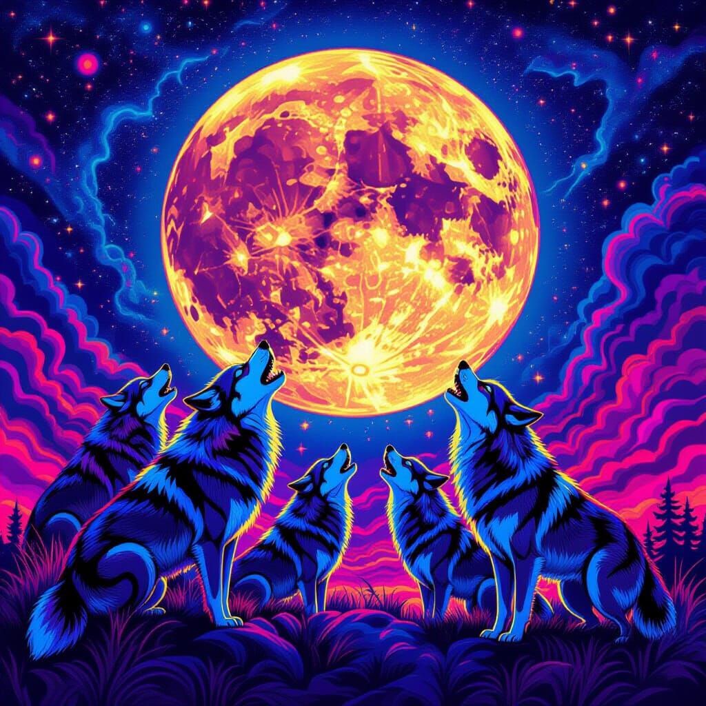Psychedelic Wolf Pack Howling at Vibrant Moon