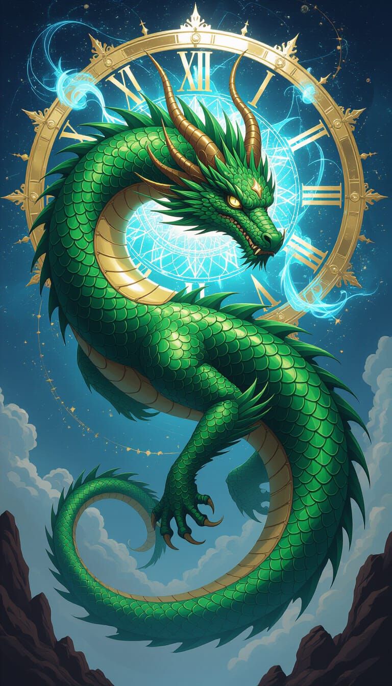Emerald Dragon Bending Time with Cosmic Energy