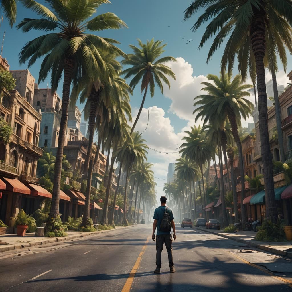 Man on Street with Palm Trees: Fantasy Concept Art