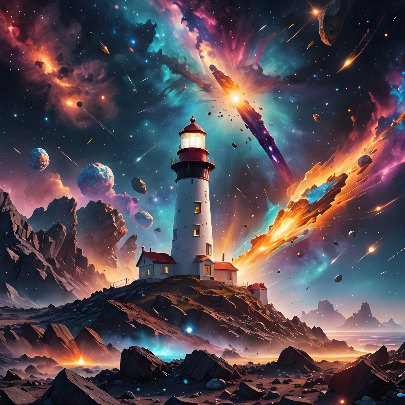 Lighthouse Amidst Asteroids: Cosmic Mixed Media