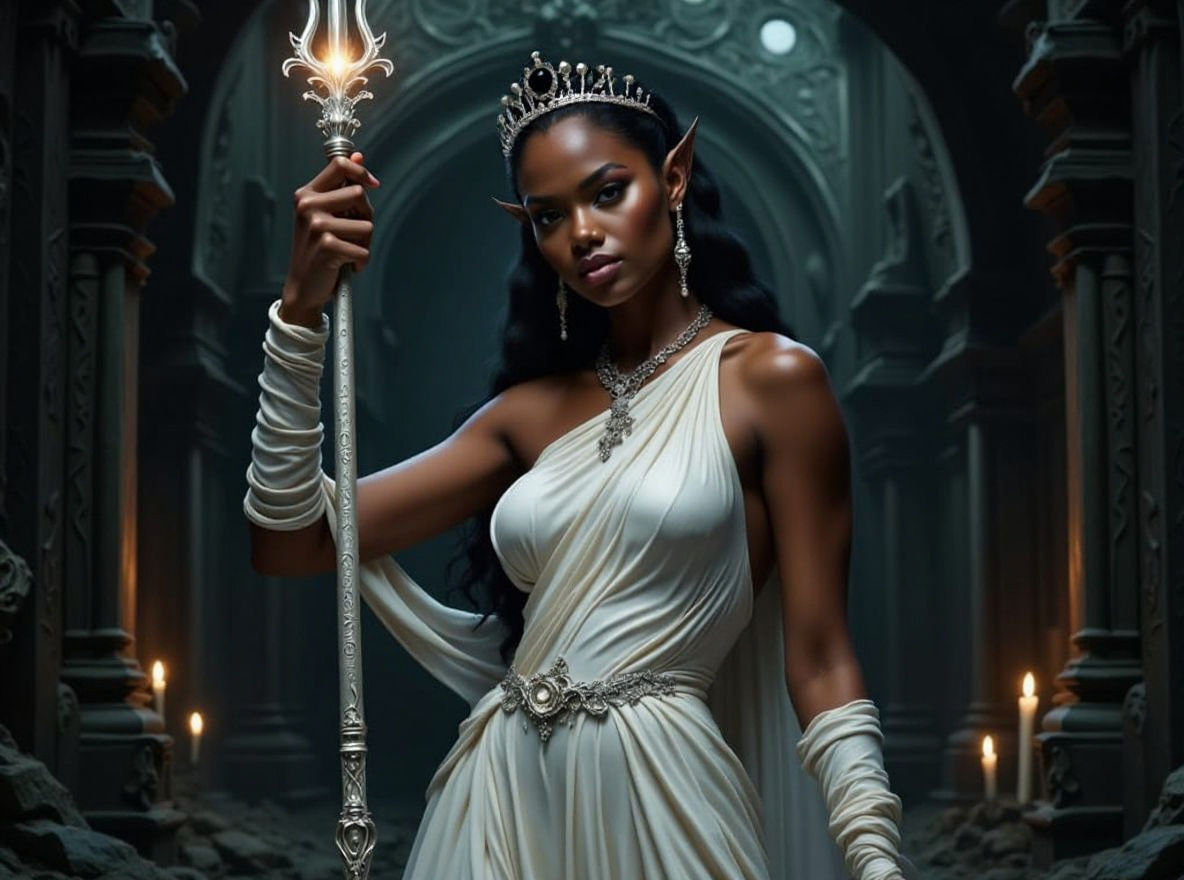 Elven Lady Inspects Dark Dungeon in Gothic Style
