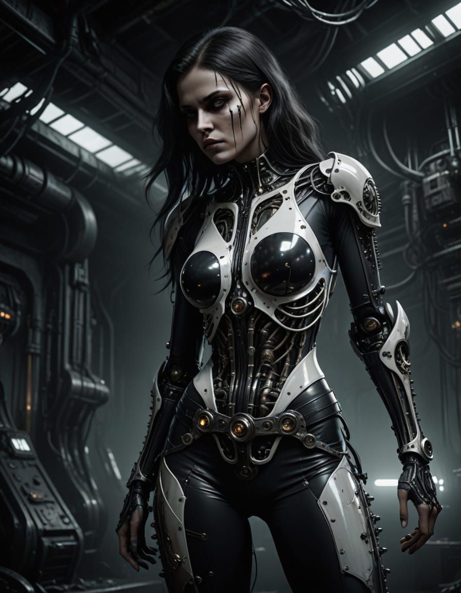 Grim Dark Fantasy Goddess in Biomechanical Armor