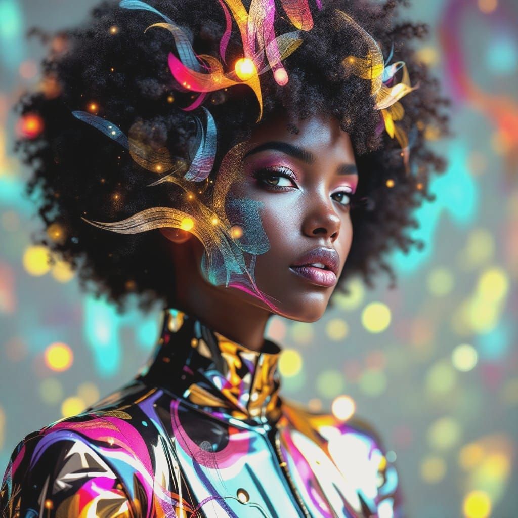 Chic African Woman in Futuristic Holographic Portrait
