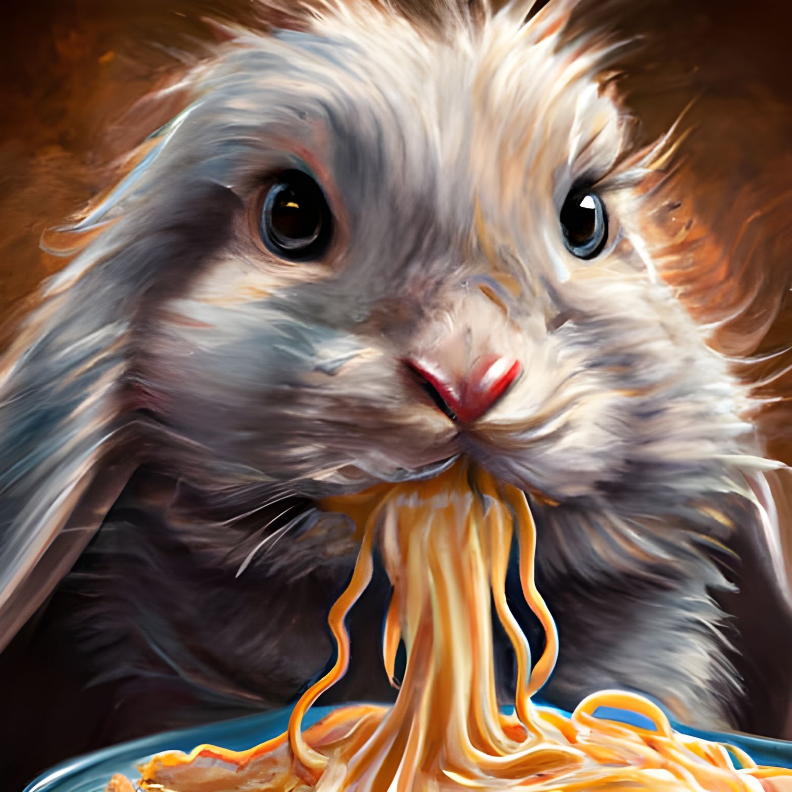 An artistic rabbit eating pasta