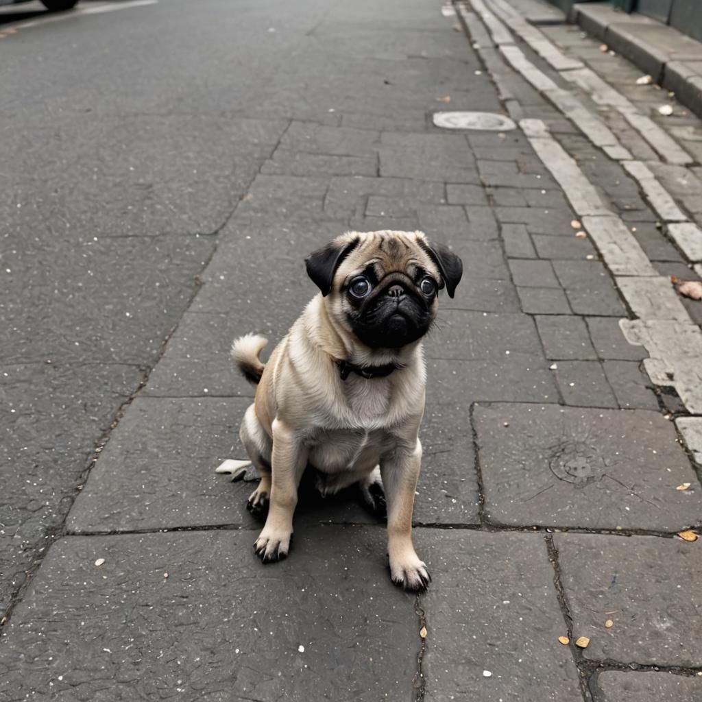 Adorable Pug Puppy Begging in Street
