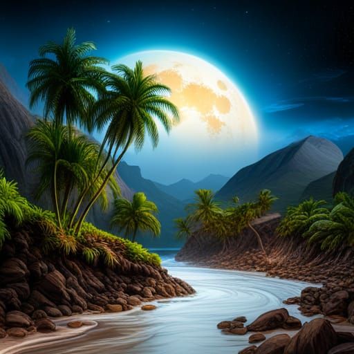 Night Beach with Palm Trees and Galaxy Sky