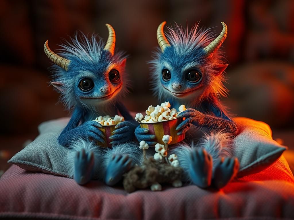 Cute Monsters Share Popcorn in Whimsical CGI Render