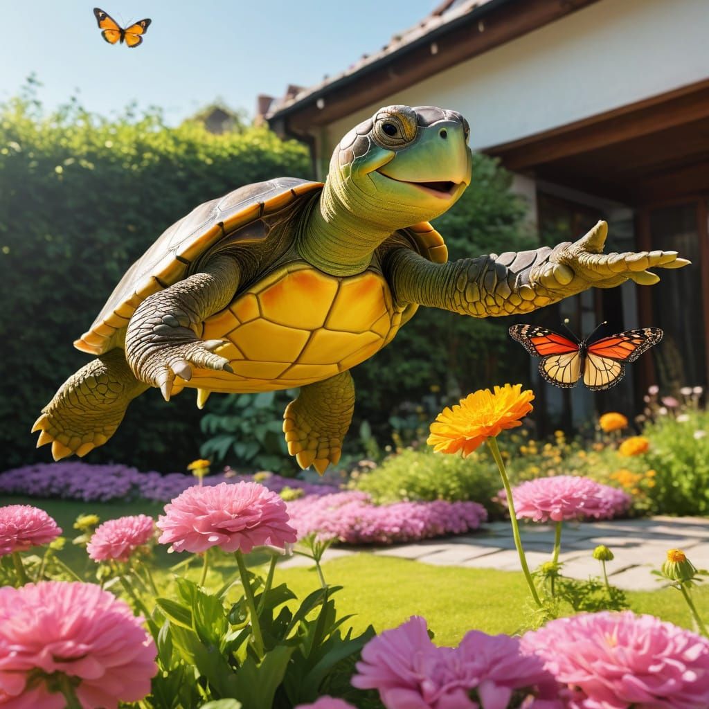 Whimsical Watercolor Garden Scene with Jumping Turtle