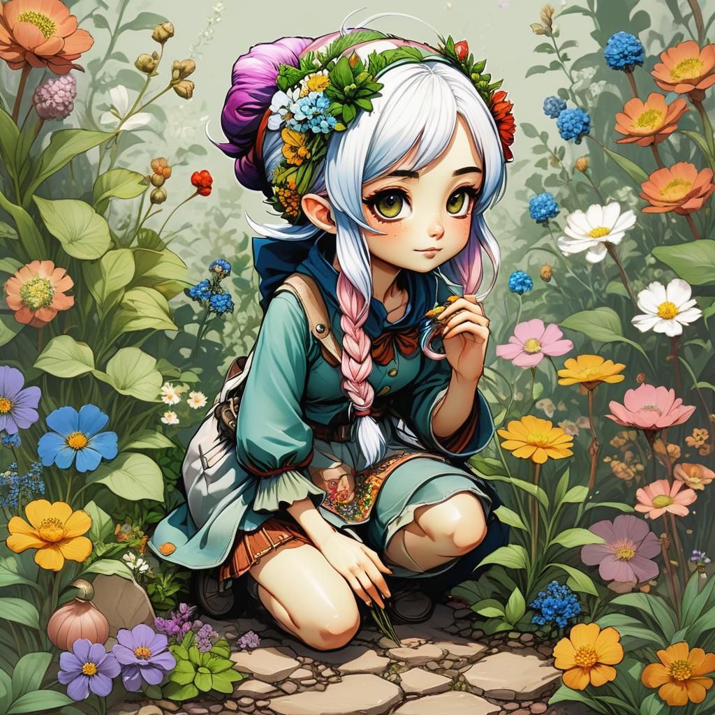 Botanical Gnome Girl in Precisionist Manga Style