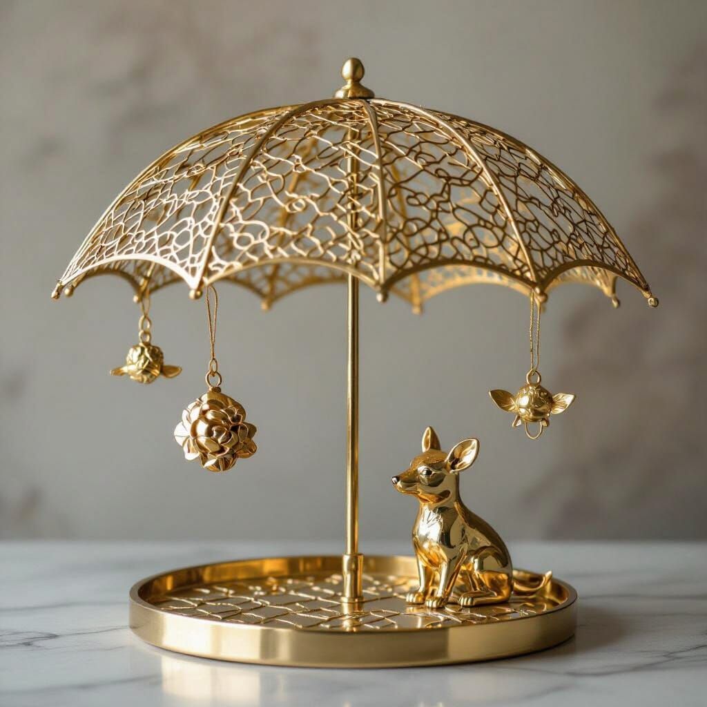 Golden Wire Umbrella with Fox and Rose, Conceptual Art