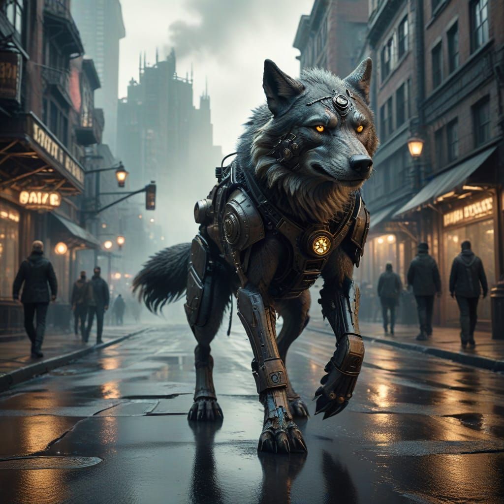 Steampunk Wolf Walks Cyberpunk City Street