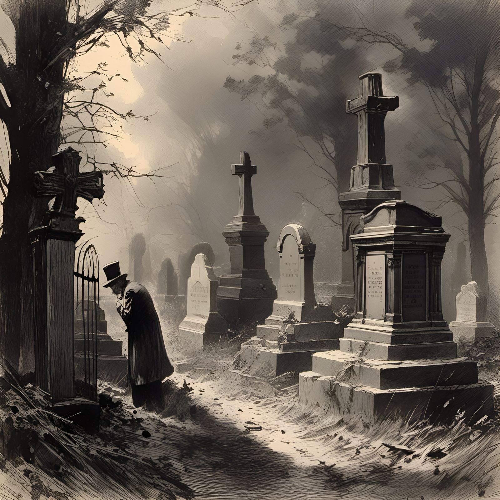 Grieving Widower at Wife's Grave, Vintage Gouache Drawing