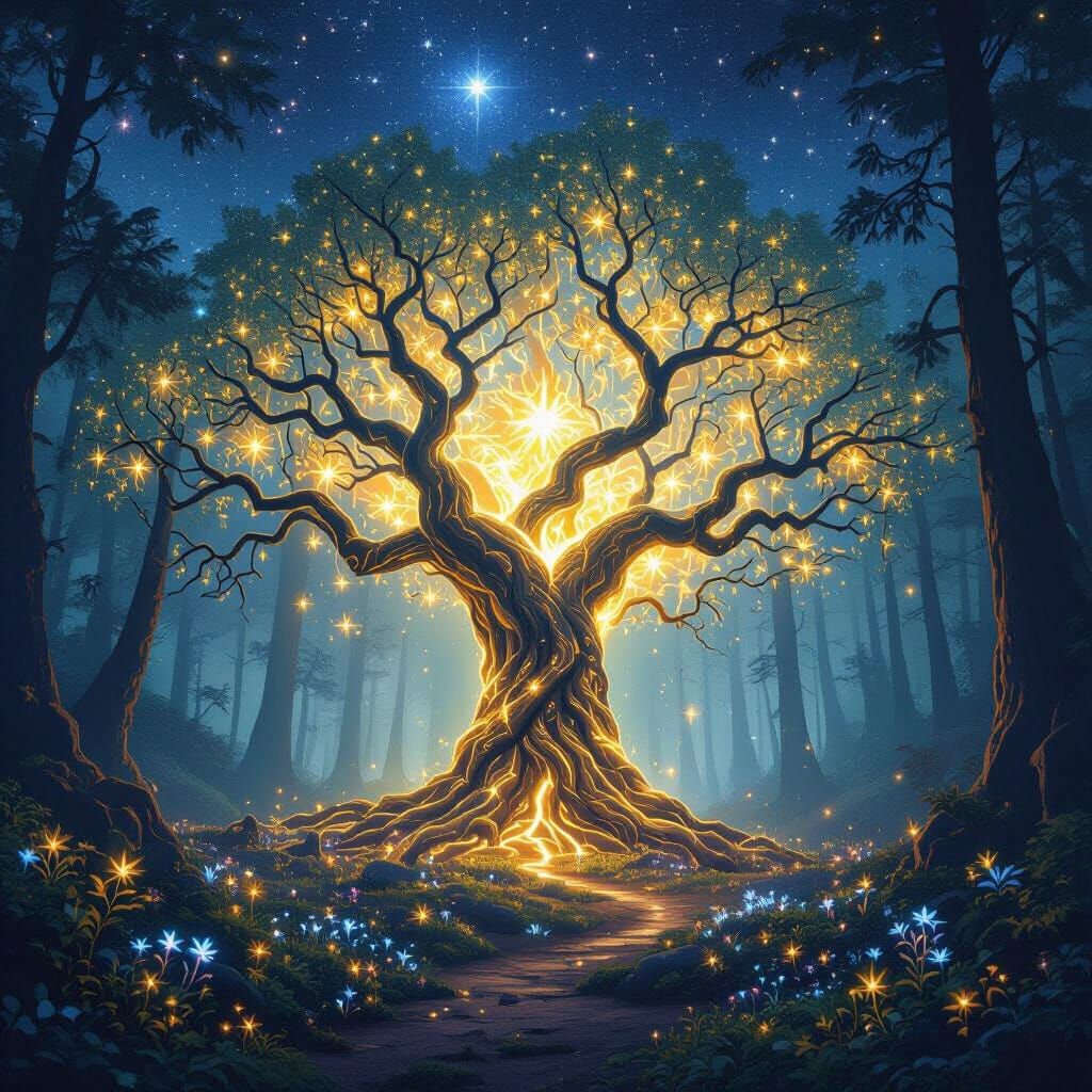 Mystical Forest with Glowing Ancient Tree