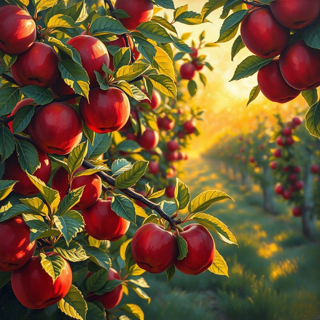 Vibrant Impressionistic Apple Orchard in Golden Hour Light