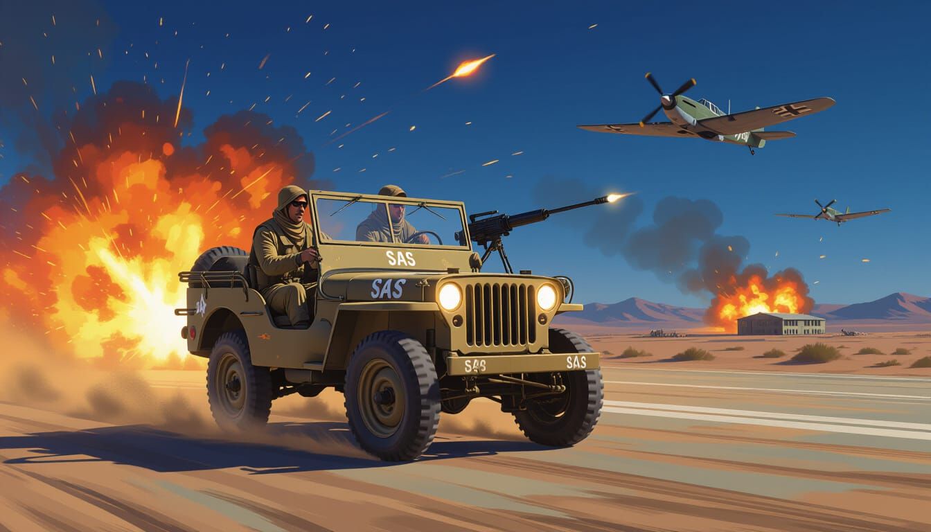 WWII SAS Jeep in Desert Explosions, Hyperrealistic Splash Ar...