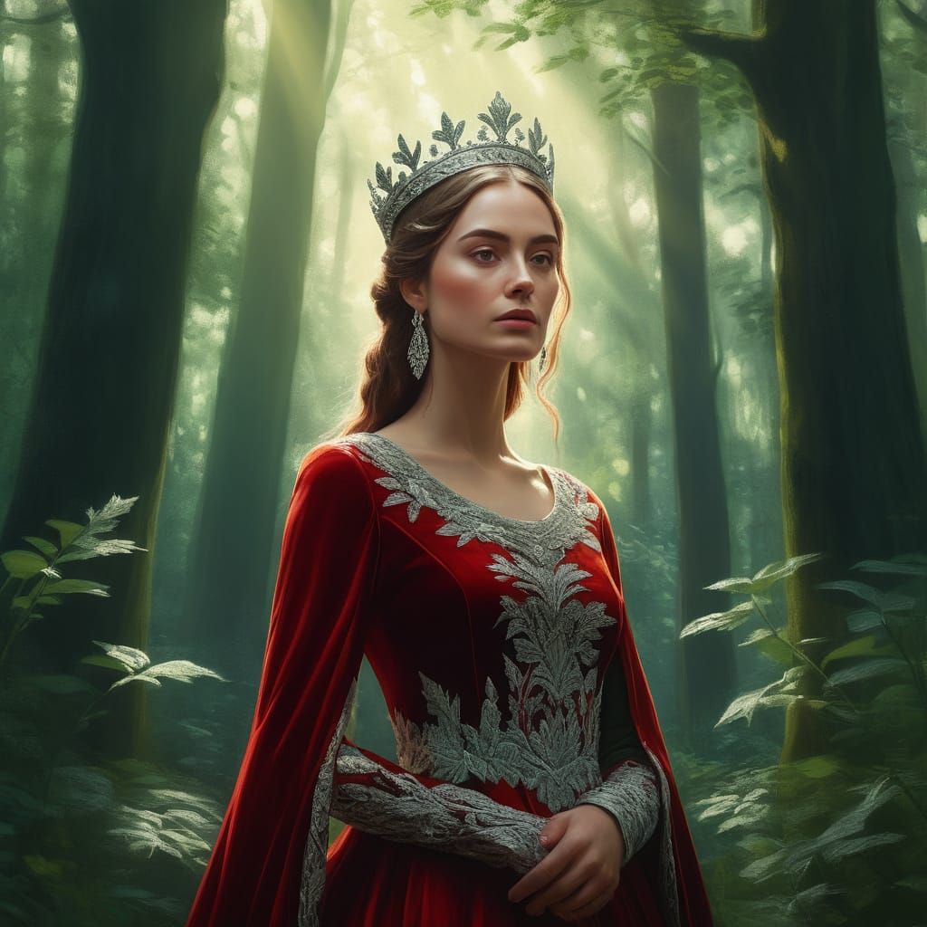 Regal Young Woman in Lush Forest Digital Painting
