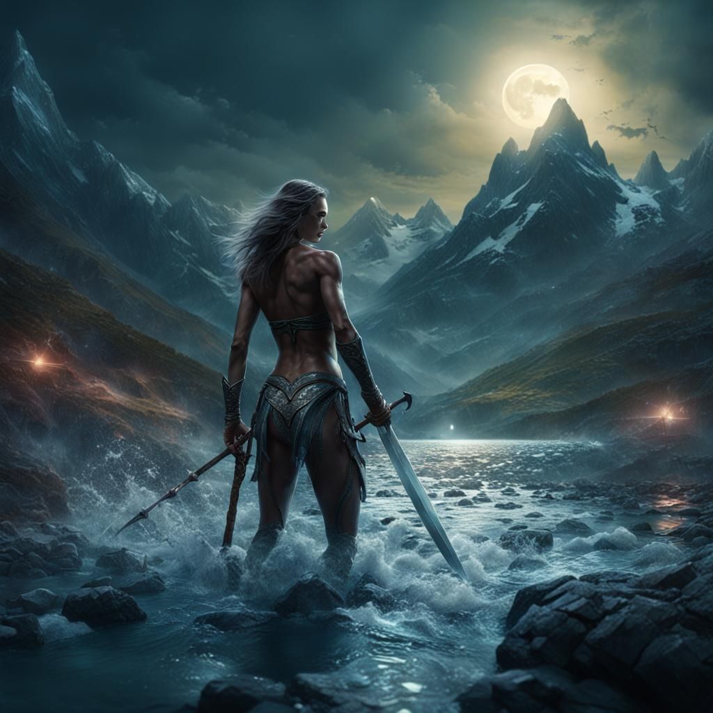 Moonlit Bath: Muscular Woman with Sword