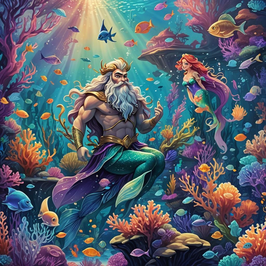 King Triton and Ariel: Underwater Majesty in Pixar Style