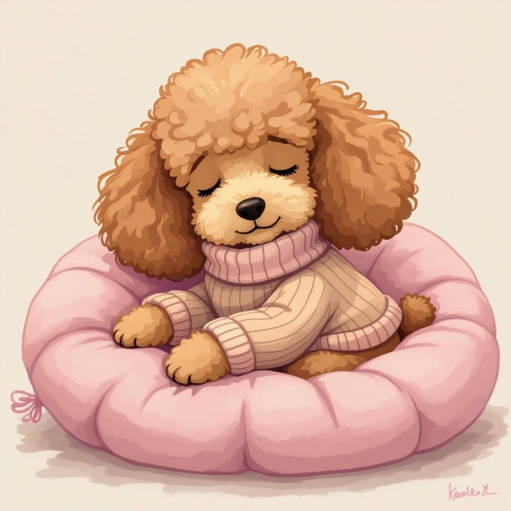 Cartoon Poodle Sleeping on Pink Cushion in Whimsical Style