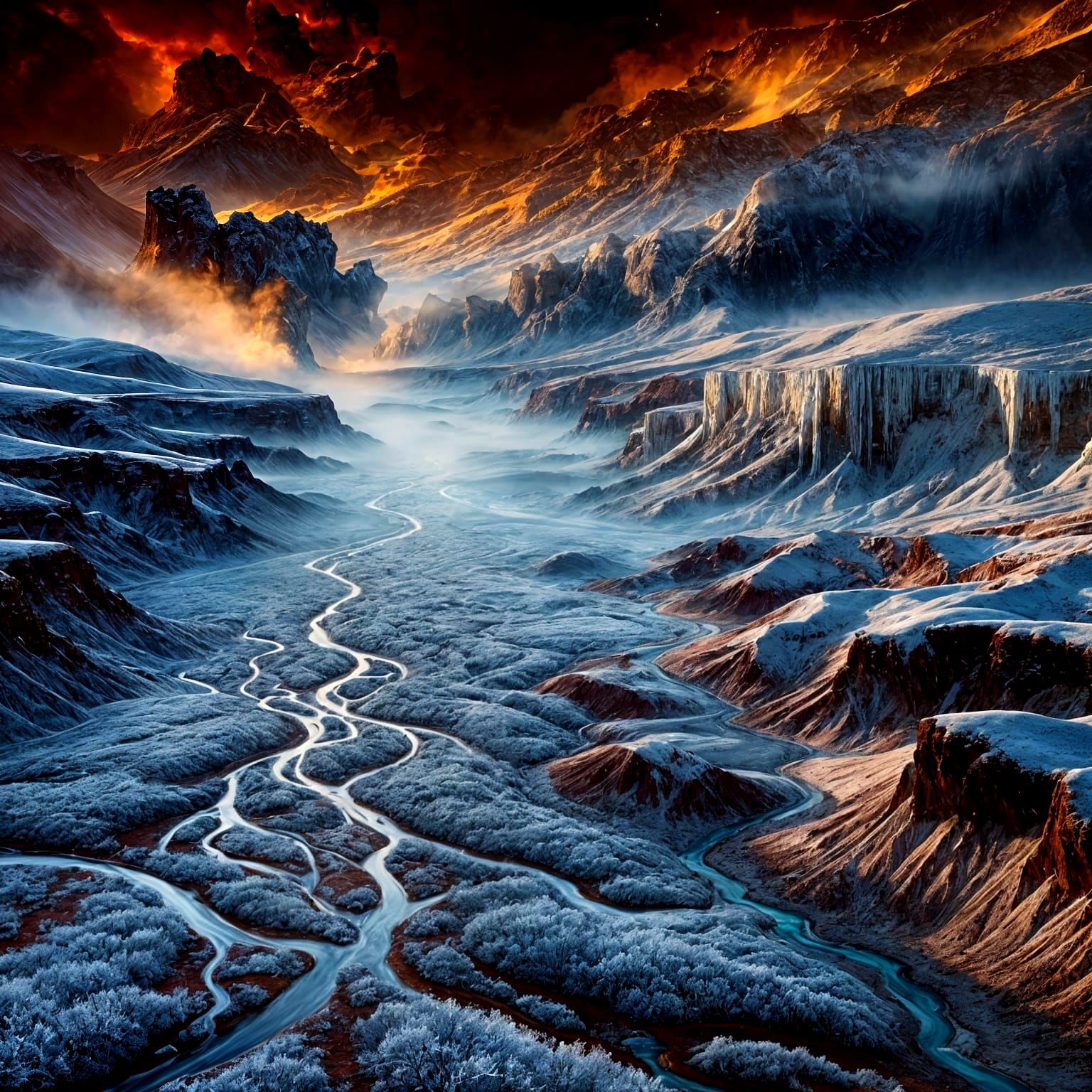 Frozen Valley of Contrasting Wonders in a Smoky Crimson Sky