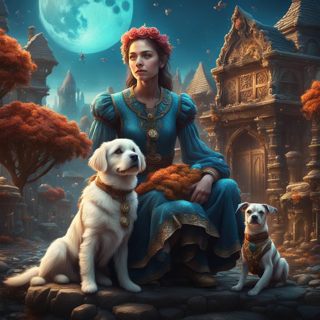 Fantasy Woman and Dog in Detailed Digital Painting