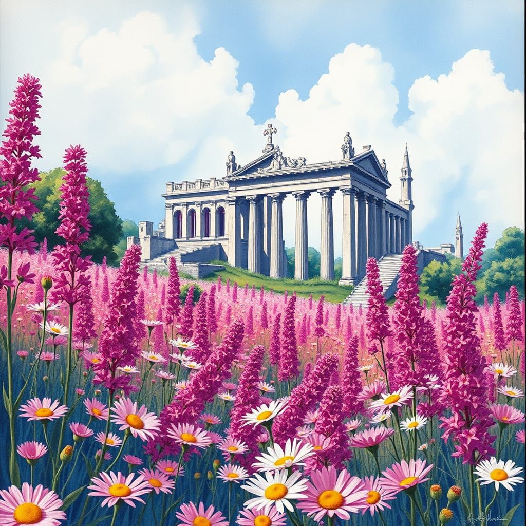 Magenta Daisies Envelop Pink Greek Ruins, Watercolor Style