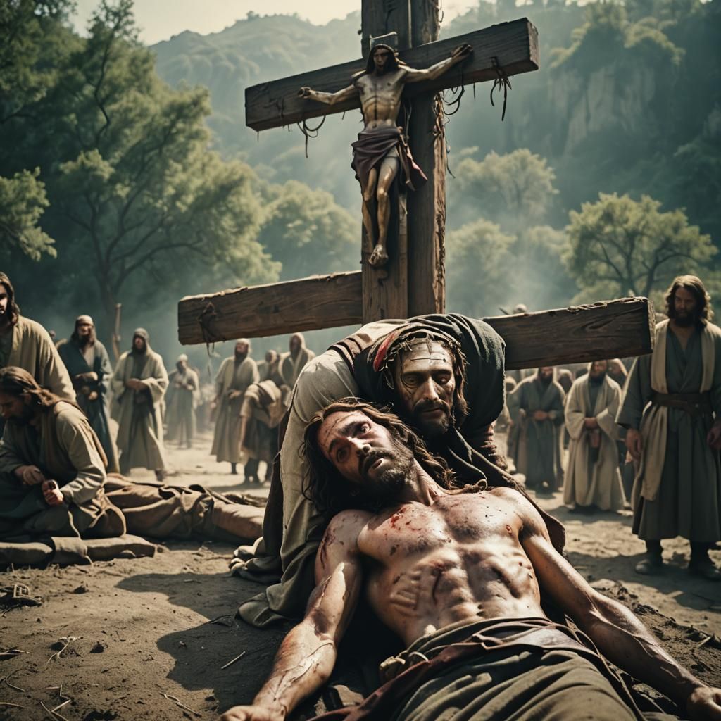 Dramatic Film Still of Jesus on the Cross