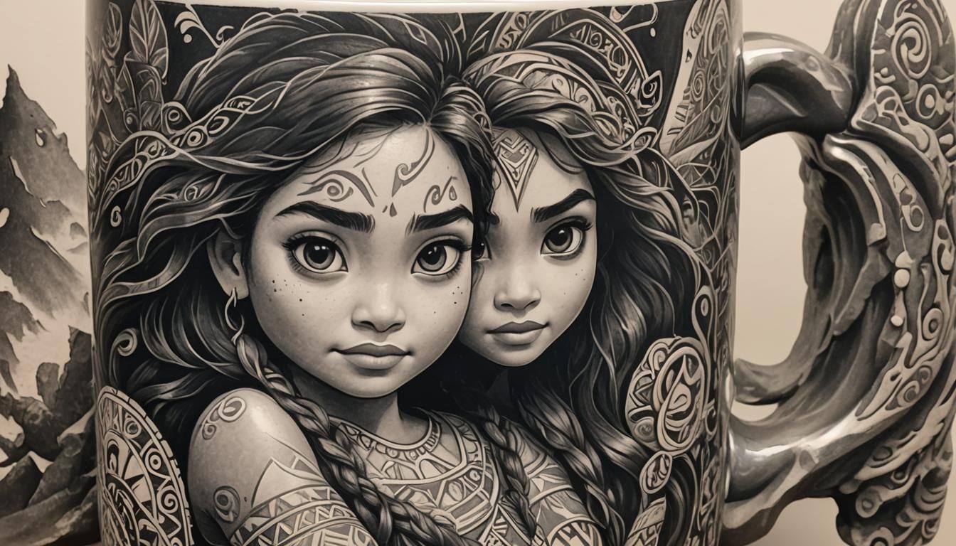 Moana Ghibli Mug: Hyperdetailed Charcoal Drawing