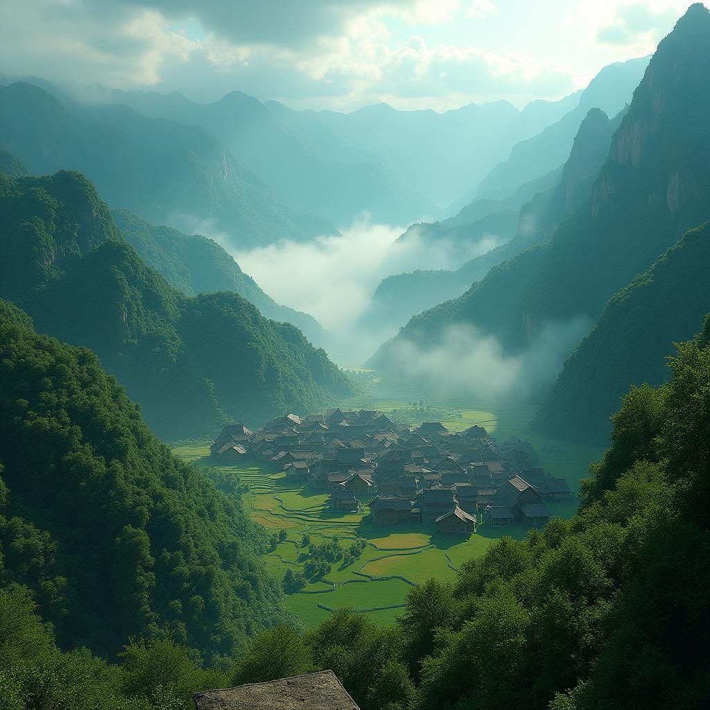 Ancient Hmong Village in Lush Valley: Fantasy Concept Art