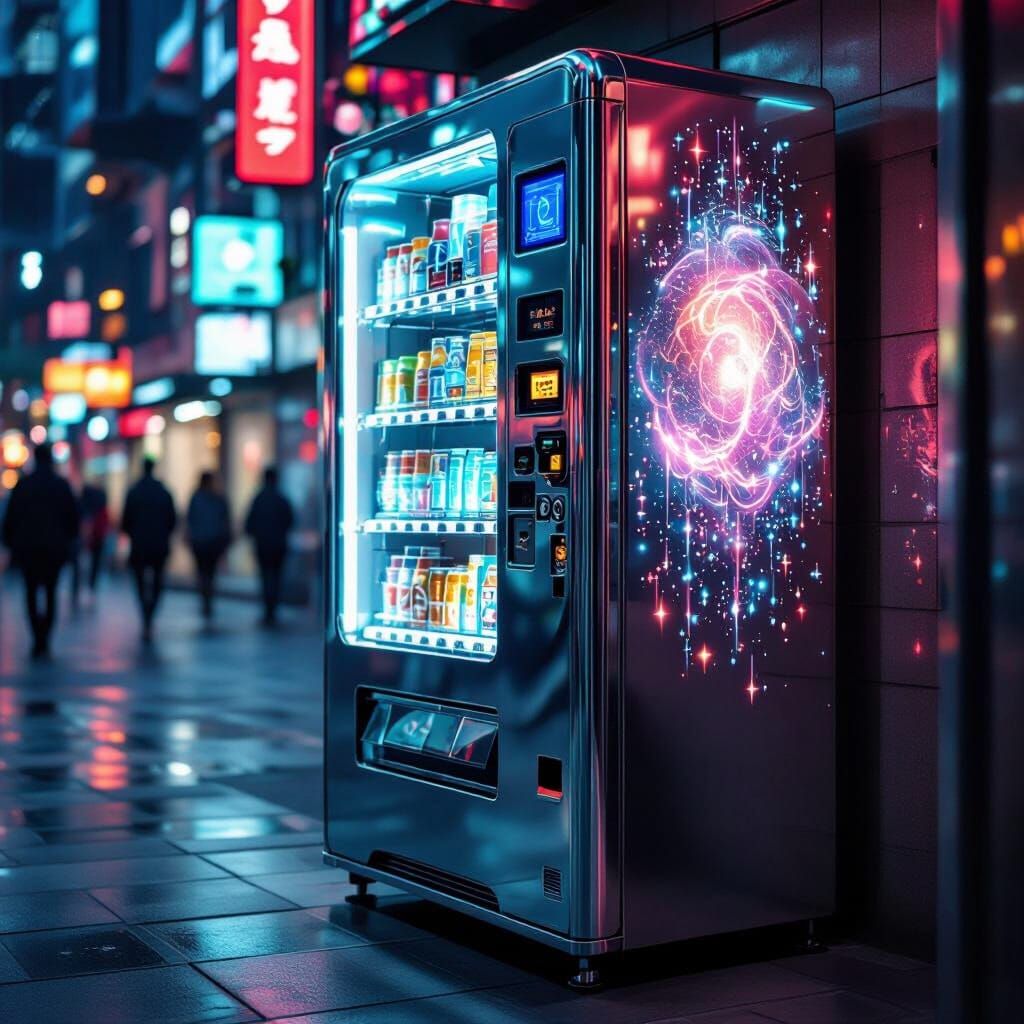 Futuristic Vending Machine Dispenses Dreams in Metropolis