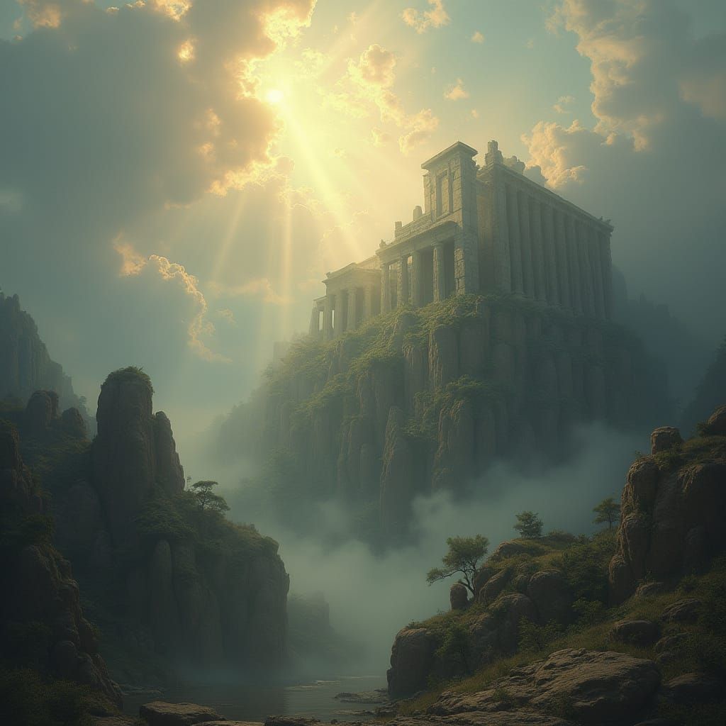 Ancient Cloud-Shrouded Acropolis Illuminated by God Rays