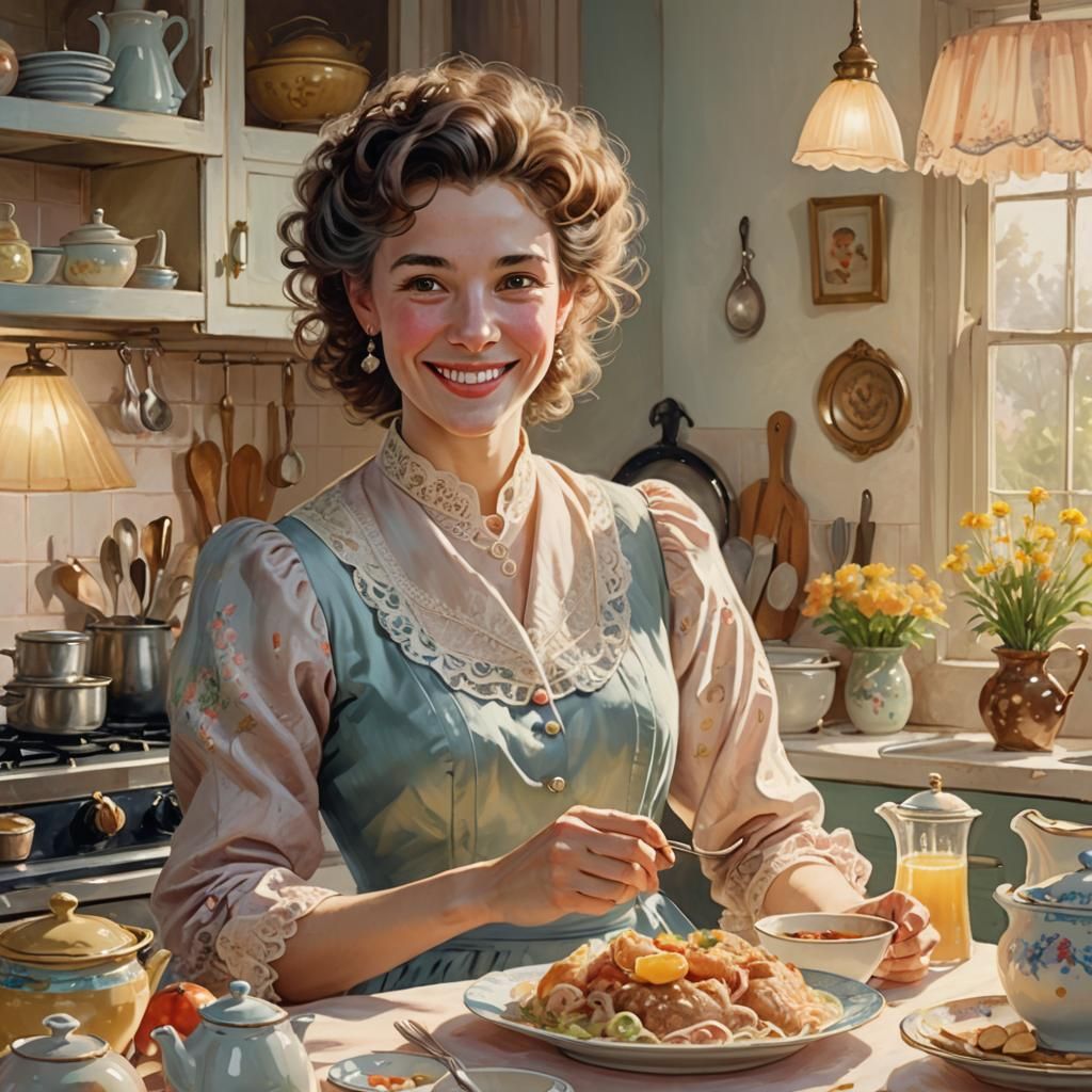 Smiling Tradwife Portrait in Pastel Colors