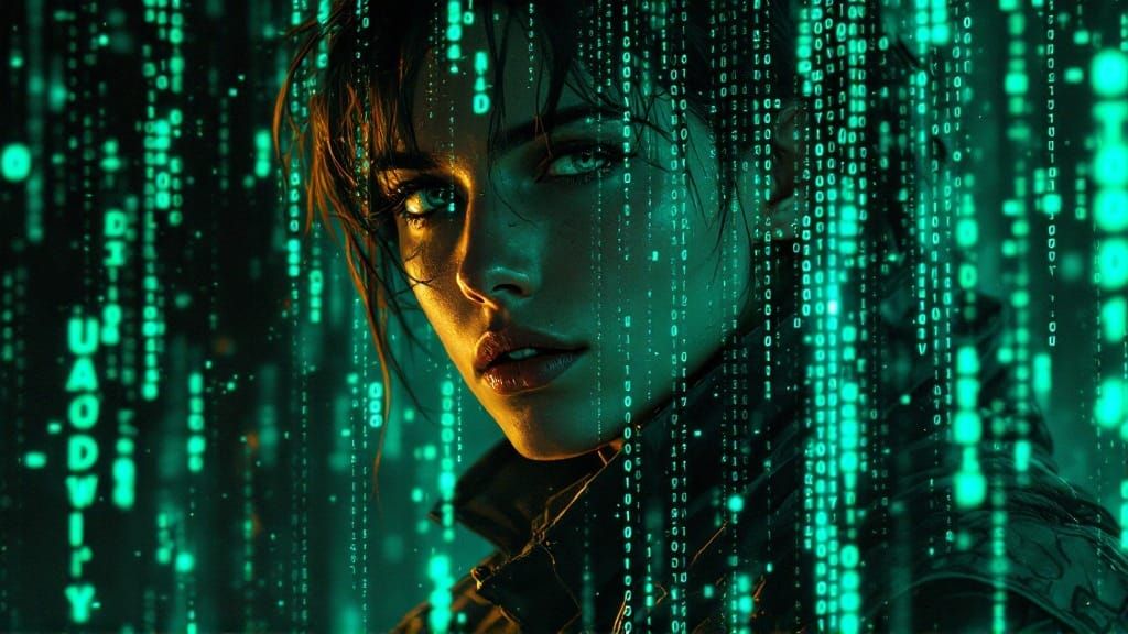 Girl Made of Mirror Shards in a Cyberpunk Code Matrix