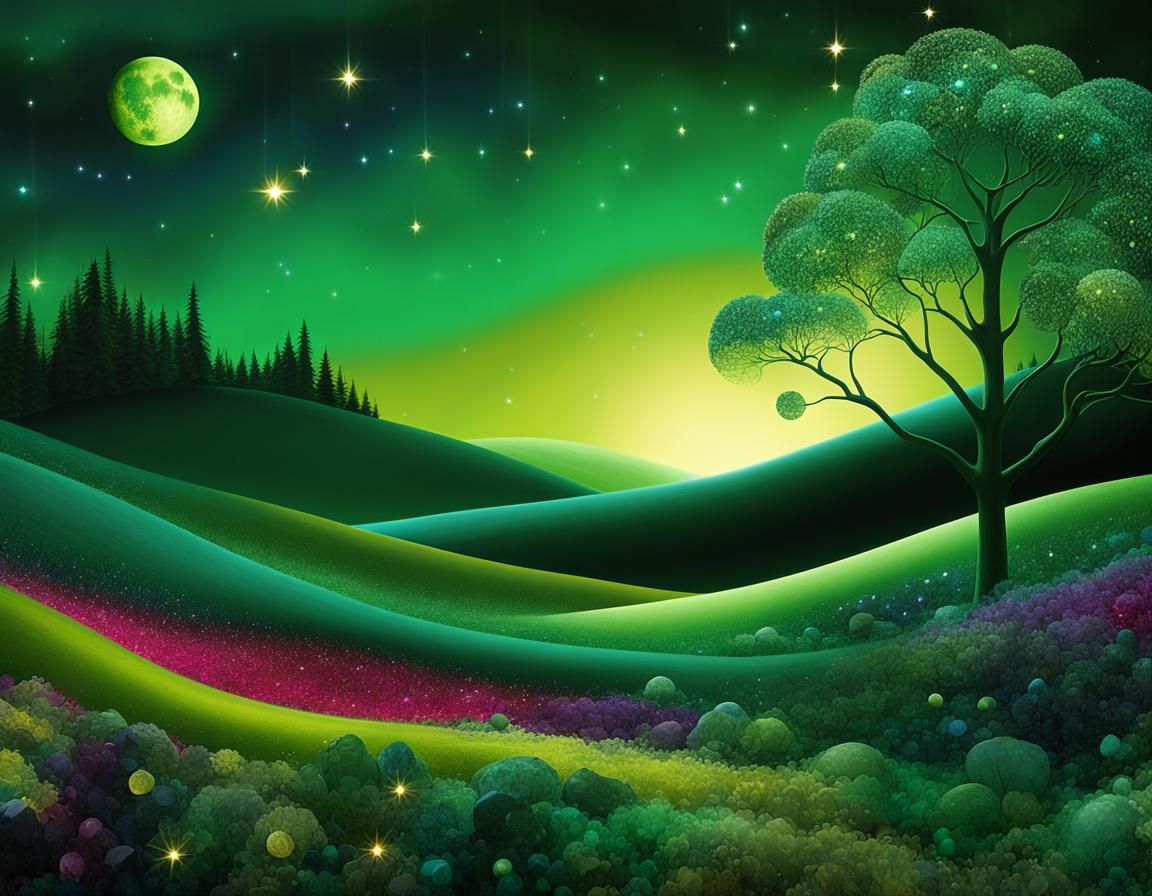 Enchanted Emerald Meadow in Moonlight, Surrealist Style