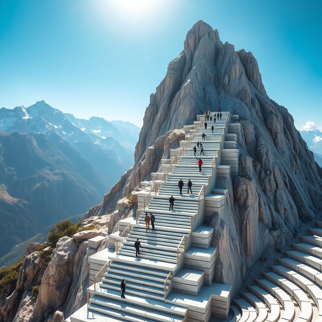 Colossal Marble Staircase Ascending Snow-Capped Mountain