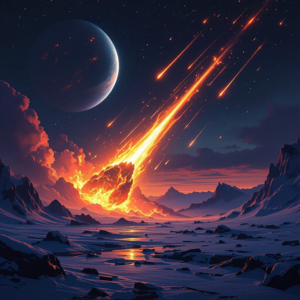 Asteroid Storm Over Frozen Planet, Cinematic Sci-Fi Art
