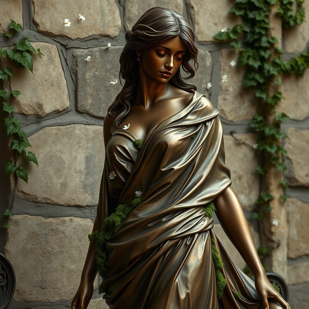 Ethereal Female Form in Bronze, with Delicate Flowers and Mo...