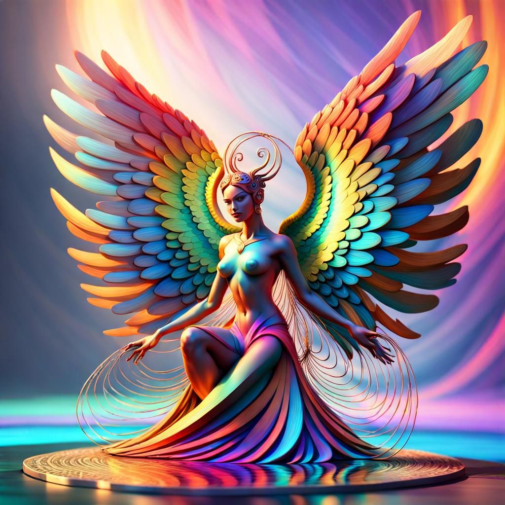 Rainbow Angelic Form on Mosaic Rock: 3D Digital Art