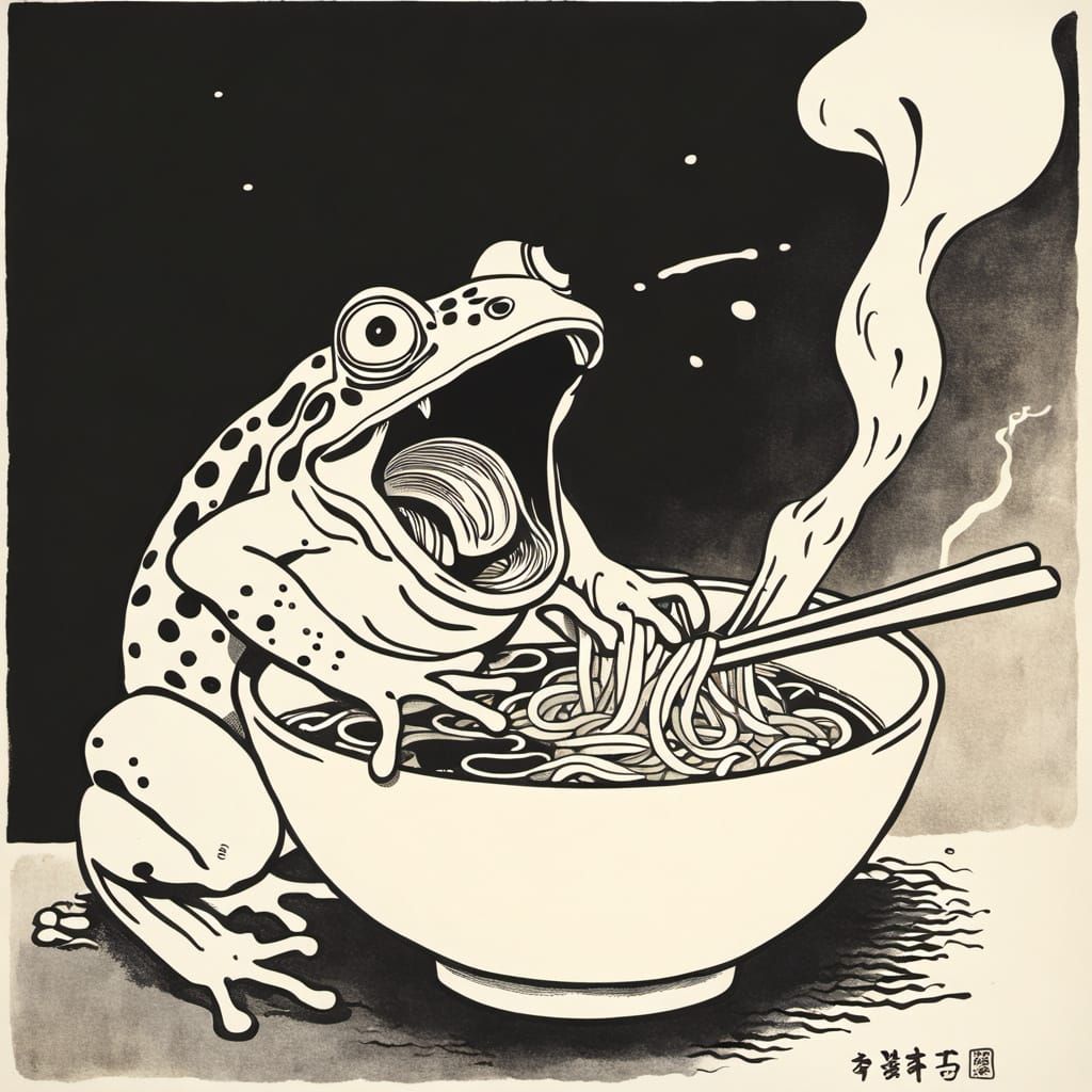 Frog's Shock: Noodle Monster Emerges, Ukiyo-e Print