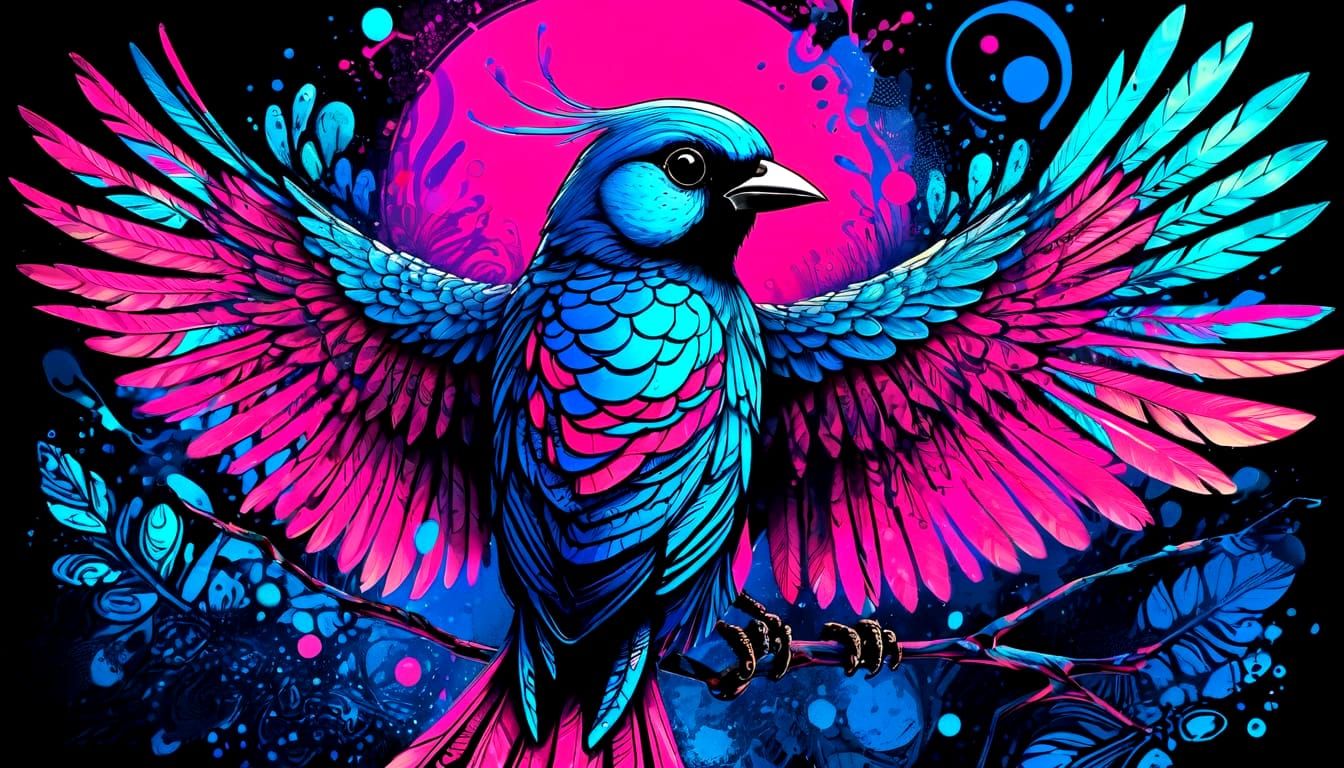 Vibrant Ink Splashed Birds in Aviary, Psychedelic UV Blackli...