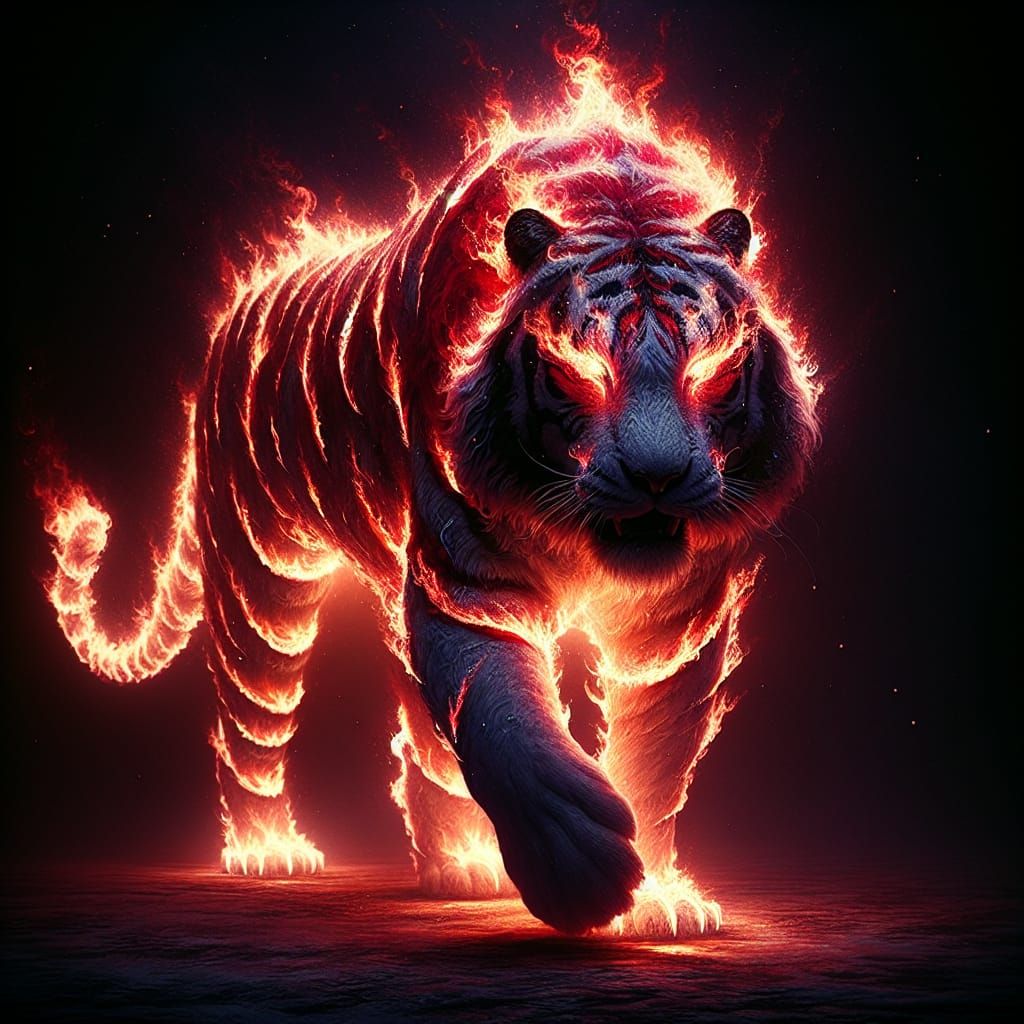 Mystical Flaming Tiger Approaching in the Darkness