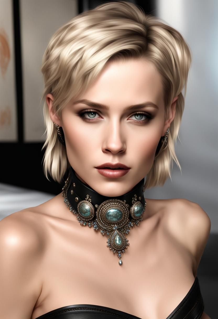 Hyperrealistic Blonde Woman with Ornate Leather Collar