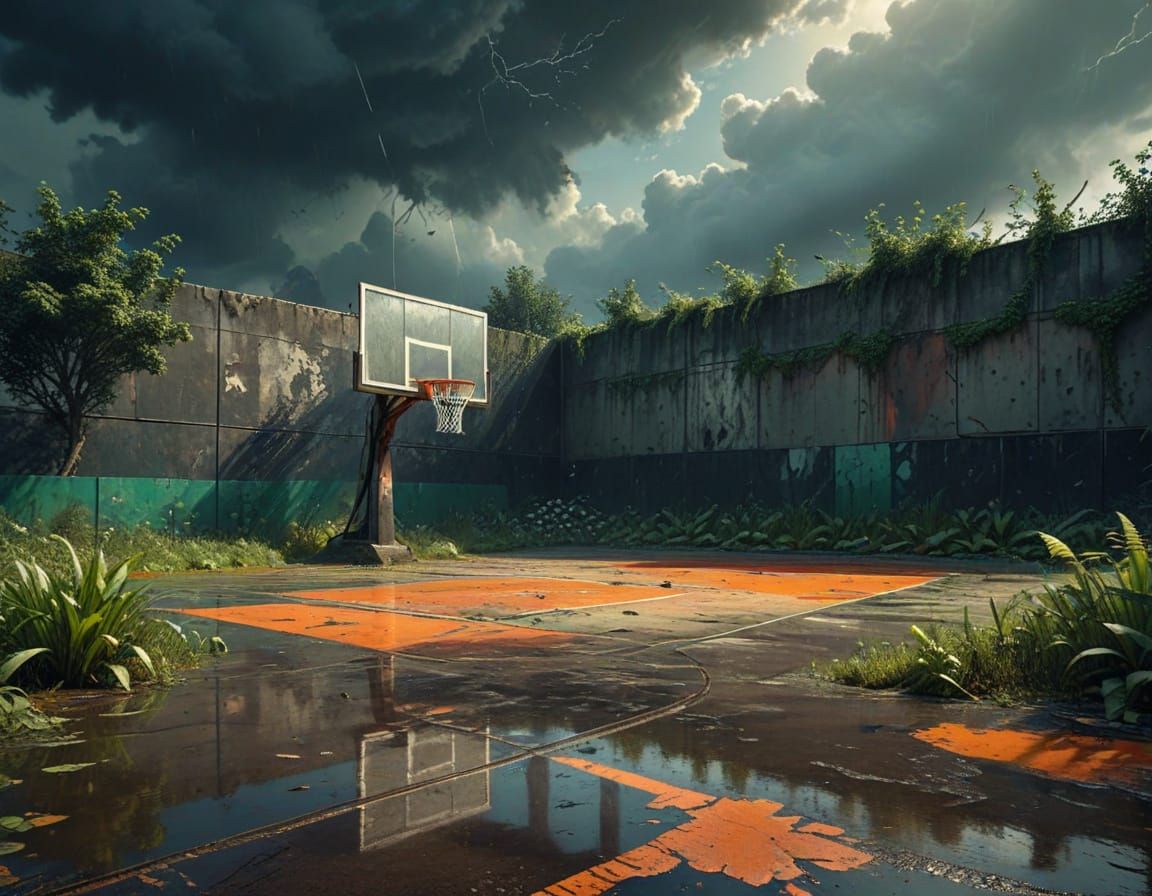 Abandoned Basketball Court with Overgrown Weeds - Digital Ar...